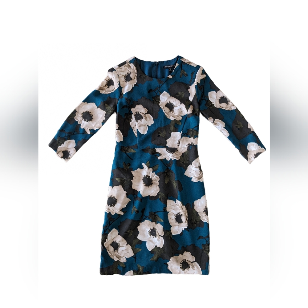 Banana Republic Size 0P Dress Green Floral Sheath 3/4 Sleeve Office Petite